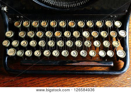 Whole keyboard of old black mechanical typewriter
