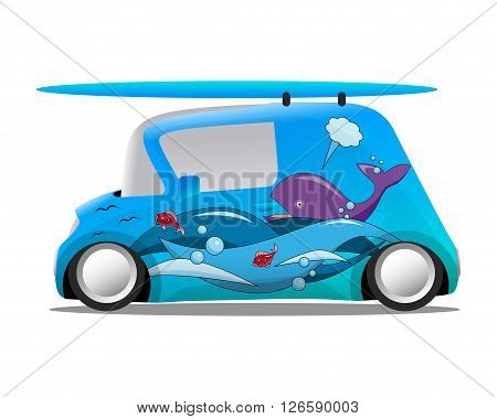 ocean aerography mini cartoon car with a surfboard vector illustration