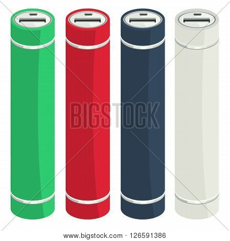 Vector Cylinder Power Bank. Portable Battery for charging mobile devices. Detailed Solid and flat color design. Isolated icon. Promotion object or gift. Display mock up.
