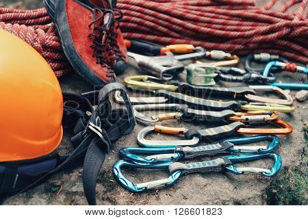 Set of outfit for climbing and mountaineering sport outdoor