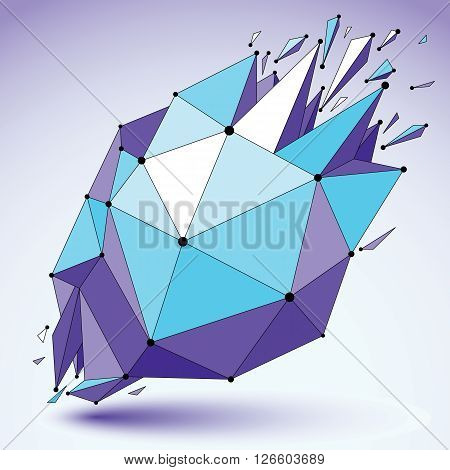 Vector dimensional blue wireframe object demolished shape with refractions and wreckage. 3d mesh technology element broken into pieces.