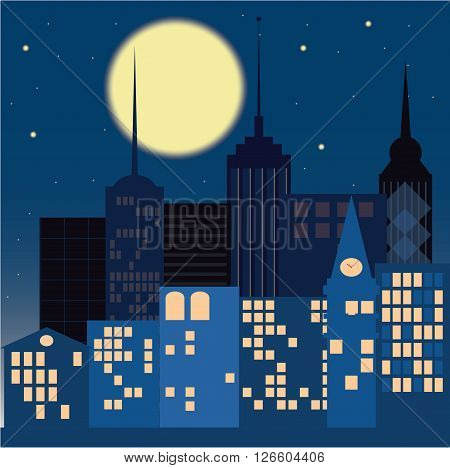 Night in the city on a dark blue background