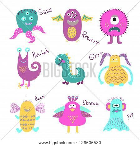 Set of cute cartoon monsters isolated on white background. Funny creatures collection. Vector illustrations.