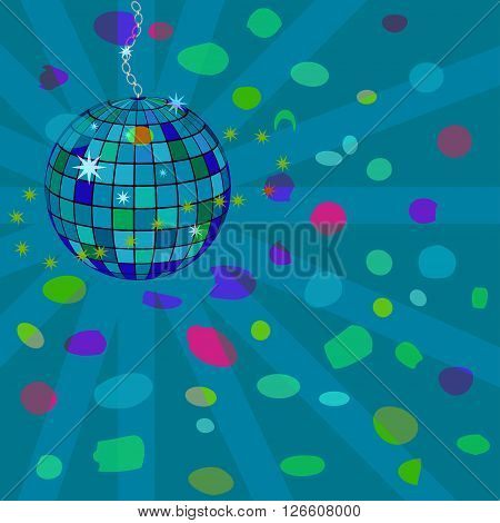 Mirror ball for disco, bright illumination of the club premises, vector illustration