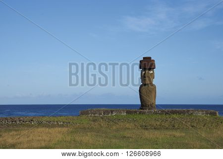 Ahu Tahai. Ancient Moai statues on the coast of Rapa Nui (Easter Island)