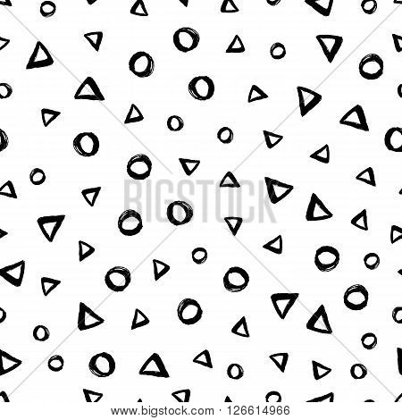 Vector seamless pattern with careless strokes in the form of a circle and triangles. Abstract background made using of brush smears. Black and white hand drawn texture.