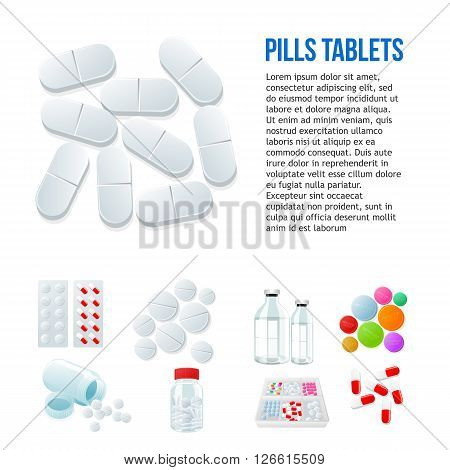 Large oval pills, different pills and white and color on a white background, vector illustration with a set of drugs, colorful products. Bottles and boxes with colored vitamins. Things to human health