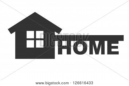 Symbol of home like key and text - home. Vector concept house symbol. House in black color isolated on white background.