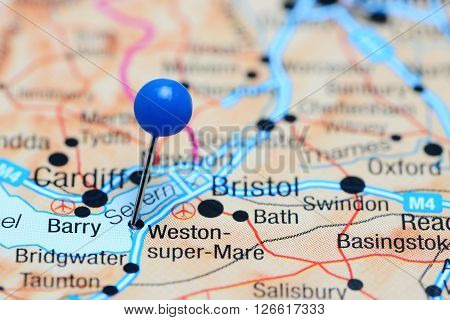 Weston-super-Mare pinned on a map of UK