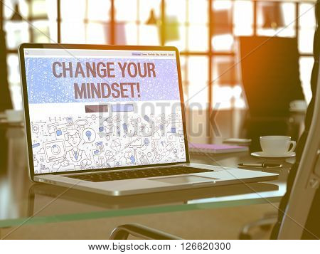 Change Your Mindset - Closeup Landing Page in Doodle Design Style on Laptop Screen. On Background of Comfortable Working Place in Modern Office. Toned, Blurred Image. 3D Render.