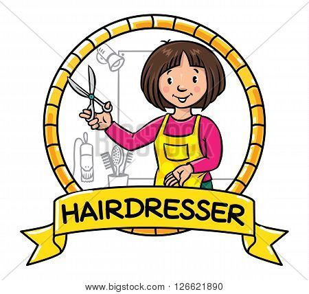 Emblem of funny woman hairdresser with scissors near the mirror and hairdress equipment in round frame with cartouche. Profession ABC series. Children vector illustration.