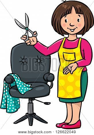 Children vector illustration of funny woman hairdresser with scissors near the barber chair. Profession ABC series.