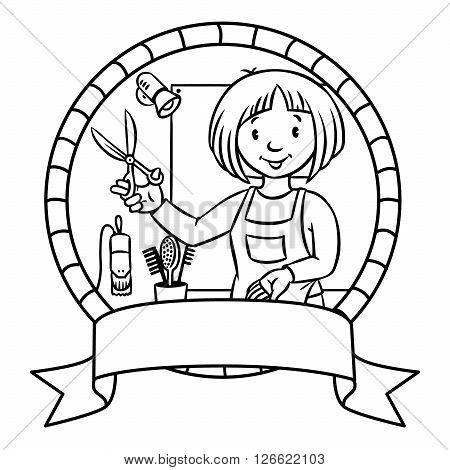Emblem or coloring book of funny  hairdresser with scissors near the mirror in round frame with cartouche. Profession ABC series. Children vector illustration.