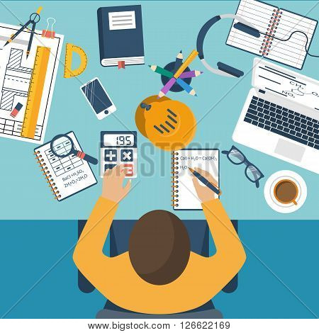 Student at table. Student learns studying. Concept distance education e-learning study process. Desk with objects of student education: book laptop notebook pen. Flat design vector. Homework.