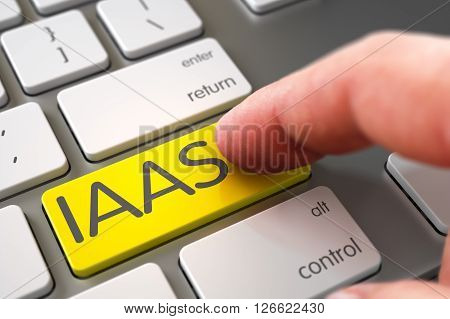 IAAS Concept - Computer Keyboard with Key. Computer User Presses IAAS Yellow Keypad. Hand Finger Press IAAS Keypad. Man Finger Pushing IAAS Yellow Keypad on Modernized Keyboard. 3D Render.