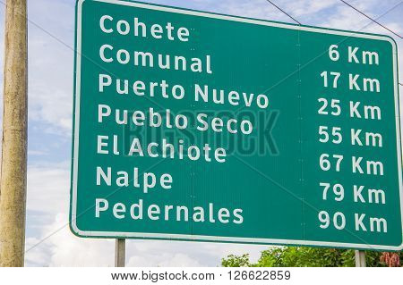 Portoviejo, Ecuador - April, 18, 2016: Street sign showing towns in the Manabi province that have been affected by the 7.8 earthquake