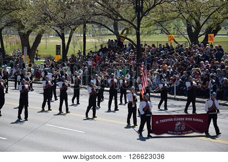 WASHINGTON, DC - APR 16: Marching band at the 2016 National Cherry Blossom Parade in Washington DC, as seen on April 16, 2016. Thousands of visitors gathered to attend this annual event.