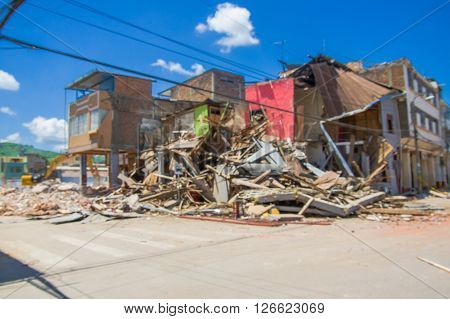 Portoviejo, Ecuador - April, 18, 2016: Building showing the aftereffect of 7.8 earthquake that destroyed the city center.