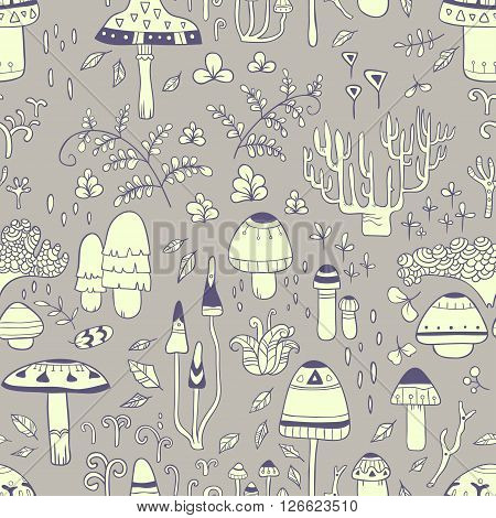 Mushrooms. vector seamless pattern with hand drawn mushrooms and forest herbs