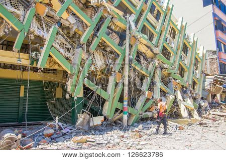 Portoviejo, Ecuador - April, 18, 2016: Building showing the aftereffect of 7.8 earthquake that destroyed the city center.