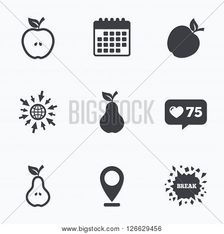 Calendar, like counter and go to web icons. Fruits with leaf icons. Apple and Pear with seeds signs. Natural food symbol. Location pointer.