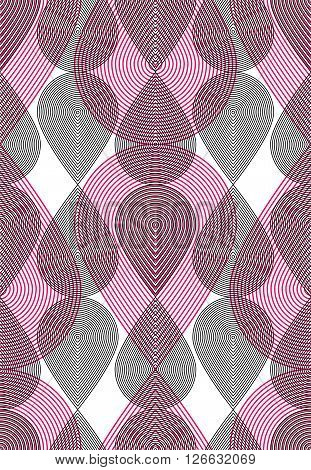 Colorful illusive abstract seamless pattern with overlapping geometric shapes. Vector symmetric lined transparent backdrop.