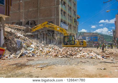 Portoviejo, Ecuador - April, 18, 2016: Building showing the aftereffect of 7.8 earthquake that destroyed the city center.