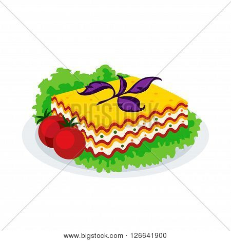 Lasagna icon isolated on a white background. Icon dishes with vegetarian lasagna with salad and tomatoes in a flat style. Vector illustration.