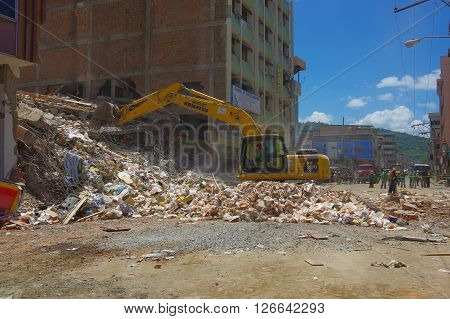 Portoviejo, Ecuador - April, 18, 2016: Building showing the aftereffect of 7.8 earthquake that destroyed the city center.