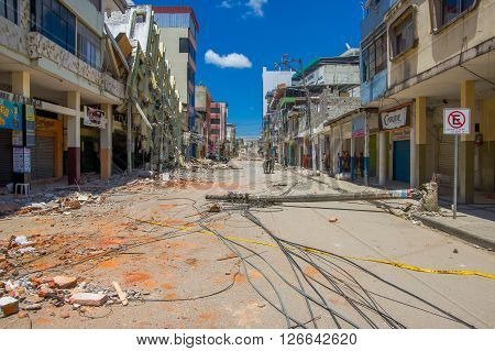 Portoviejo, Ecuador - April, 18, 2016: Sterr in the city center, showing the aftereffect of 7.8 earthquake that destroyed the province.
