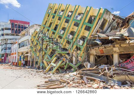 Portoviejo, Ecuador - April, 18, 2016: Building showing the aftereffect of 7.8 earthquake that destroyed the city center.