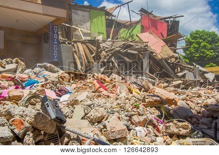 Portoviejo, Ecuador - April, 18, 2016: Building showing the aftereffect of 7.8 earthquake that destroyed the city center.