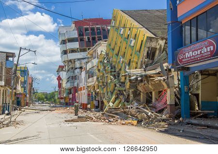 Portoviejo, Ecuador - April, 18, 2016: Building showing the aftereffect of 7.8 earthquake that destroyed the city center.