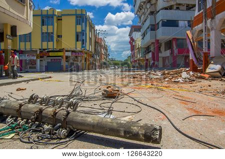 Portoviejo, Ecuador - April, 18, 2016: Building showing the aftereffect of 7.8 earthquake that destroyed the city center.