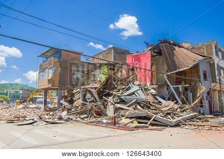 Portoviejo, Ecuador - April, 18, 2016: Building showing the aftereffect of 7.8 earthquake that destroyed the city center.
