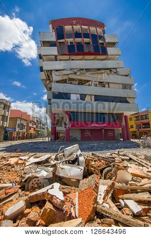 Portoviejo, Ecuador - April, 18, 2016: Building showing the aftereffect of 7.8 earthquake that destroyed the city center.