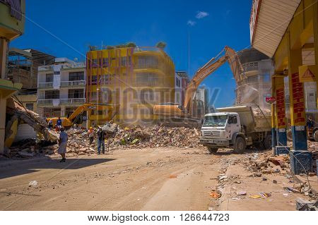 Portoviejo, Ecuador - April, 18, 2016: Building showing the aftereffect of 7.8 earthquake that destroyed the city center.