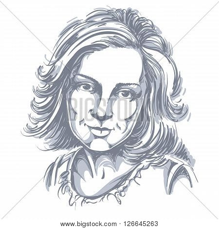 Graphic Vector Hand-drawn Illustration Of White Skin Attractive Melancholic Lady With Stylish Haircu