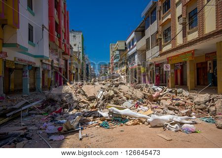 Portoviejo, Ecuador - April, 18, 2016: Building showing the aftereffect of 7.8 earthquake that destroyed the city center.