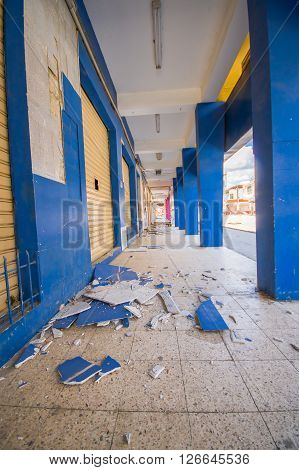 Portoviejo, Ecuador - April, 18, 2016: Building showing the aftereffect of 7.8 earthquake that destroyed the city center.