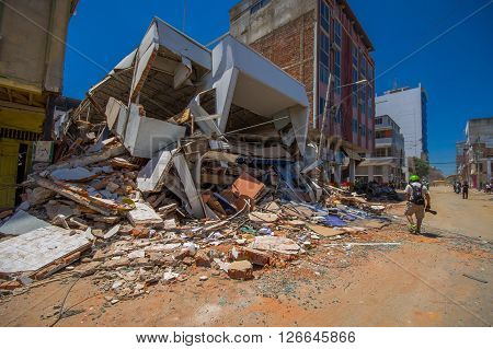 Portoviejo, Ecuador - April, 18, 2016: Building showing the aftereffect of 7.8 earthquake that destroyed the city center.
