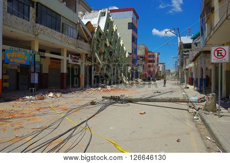 Portoviejo, Ecuador - April, 18, 2016: Sterr in the city center, showing the aftereffect of 7.8 earthquake that destroyed the province.