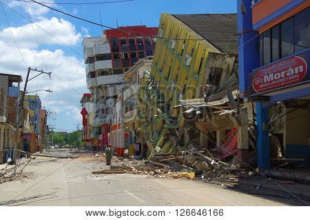 Portoviejo, Ecuador - April, 18, 2016: Building showing the aftereffect of 7.8 earthquake that destroyed the city center.