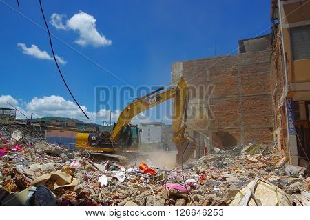 Portoviejo, Ecuador - April, 18, 2016: Building showing the aftereffect of 7.8 earthquake that destroyed the city center.