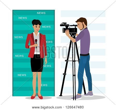 Cameraman filming a reporter. Flat style vector illustration.