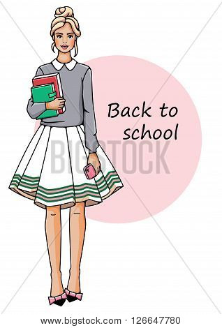 Young beautiful girl stand . She is holding a book in their hands. Fashion woman in white background.