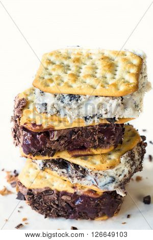 Sweet stracciatela and chocolate ice cream sandwich selective focus