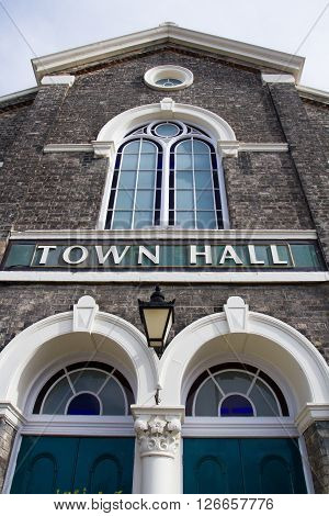 SELBY, UK - APRIL 21, 2016. The front of a Town Hall building in the traditional, Yorkshire market town of Selby, UK.