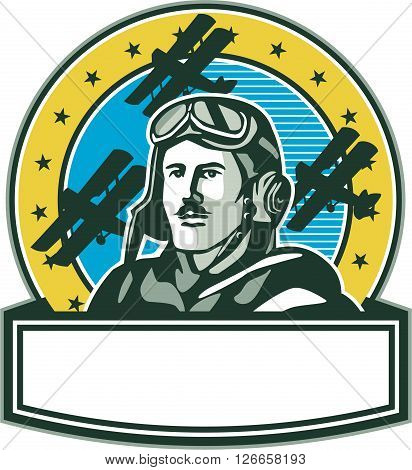 Illustration of a vintage world war one pilot airman aviator with mustache bust with spad biplane fighter planes and stars in background set inside circle done in retro style.