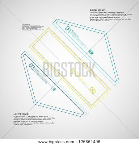 Illustration infographic template with motif of hexagon which is askew divided to three color parts created by double contour outlines. Each item contains number text and simple sign. Background is light.